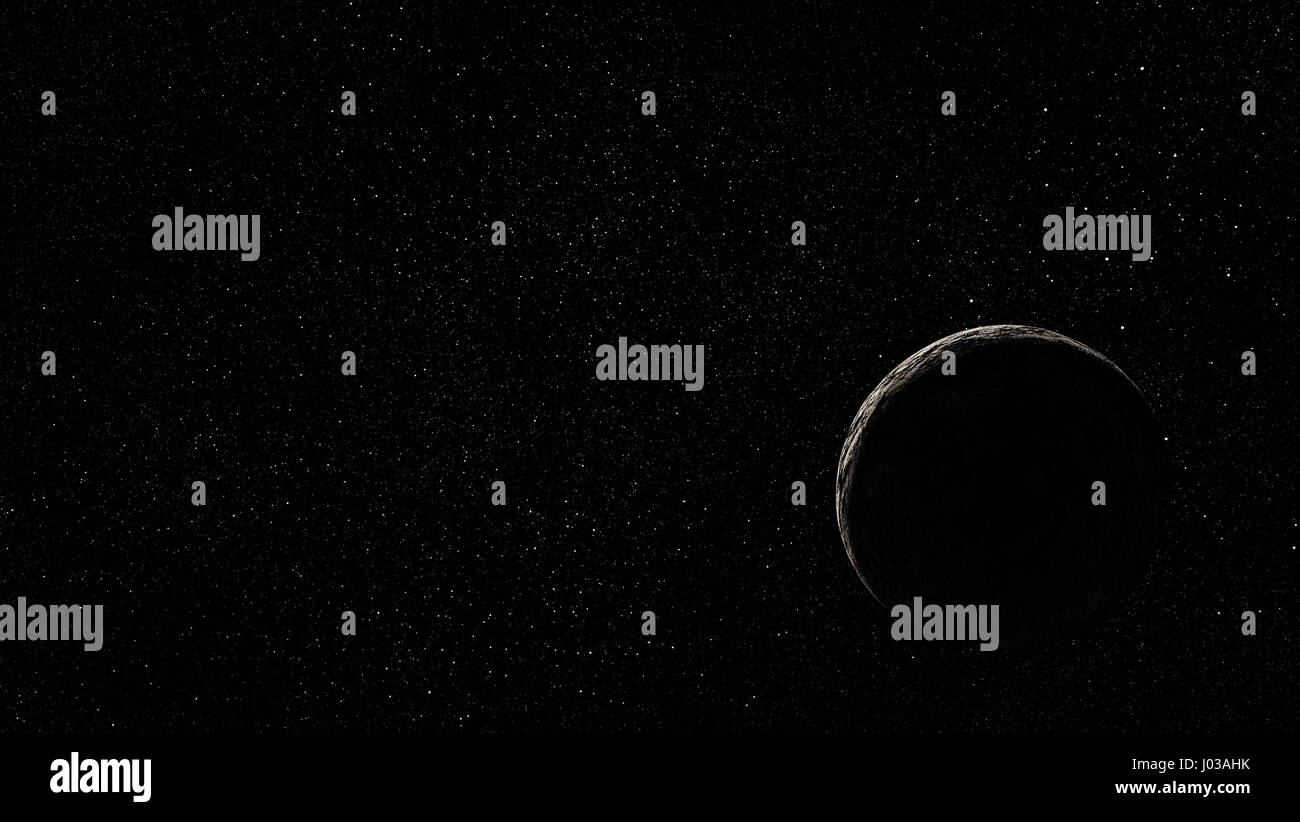 rocky planet far away in deep black space Stock Photo
