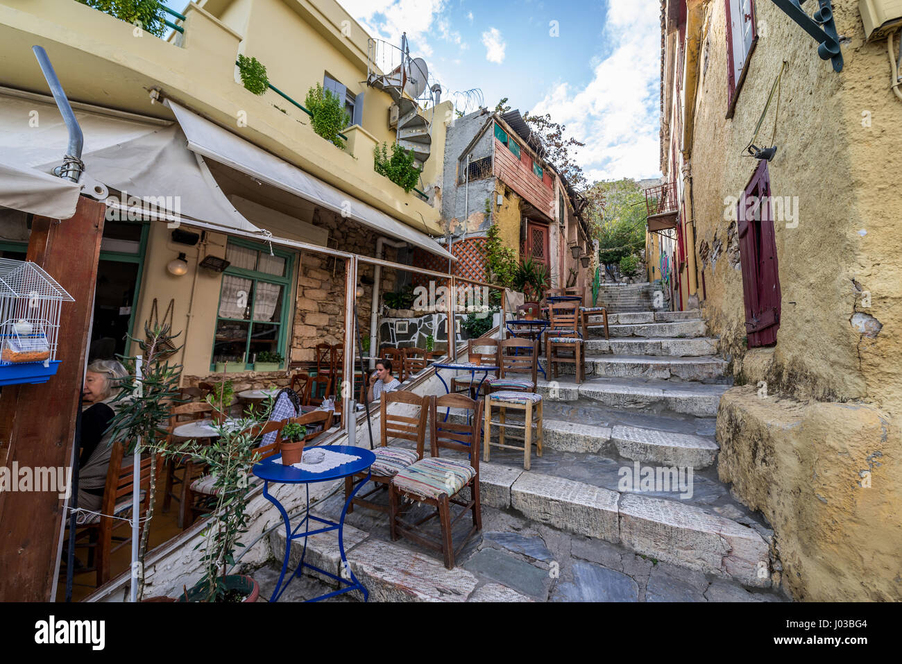 Klepsidras Cafe on Klepsidras Street Plaka historical neighborhood in Athens city, Greece Stock Photo
