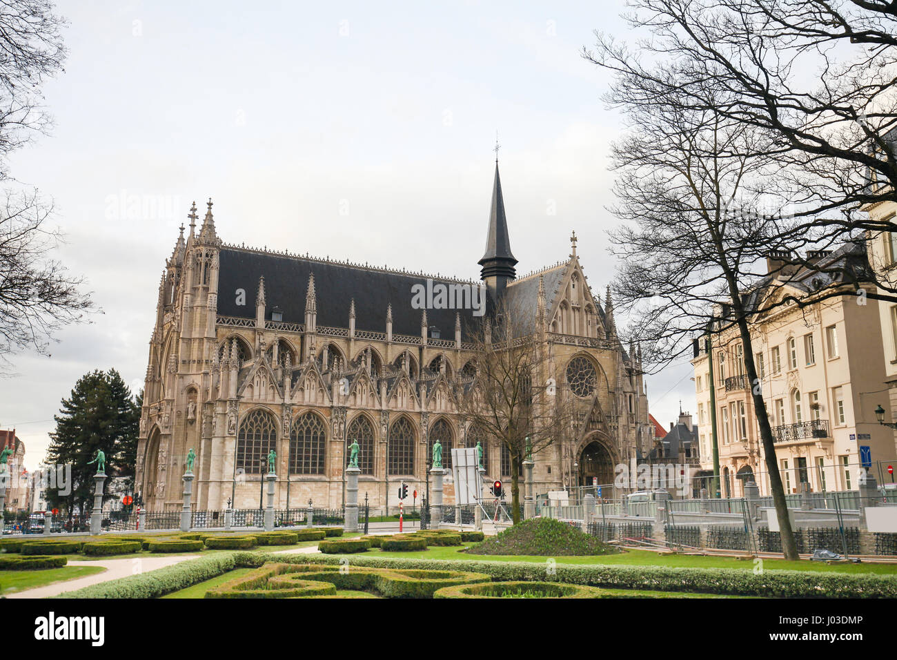 15th Century Church of Our Blessed Lady of the Sablon in the Center of Brussels, Belgium, in Brabantine Gothic style. Stock Photo