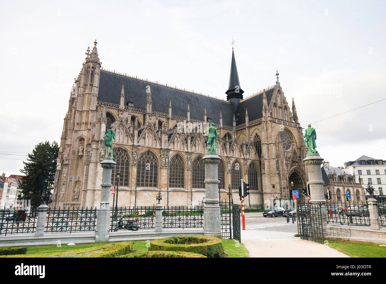 15th Century Church of Our Blessed Lady of the Sablon in the Center of Brussels, Belgium, in Brabantine Gothic style. Stock Photo