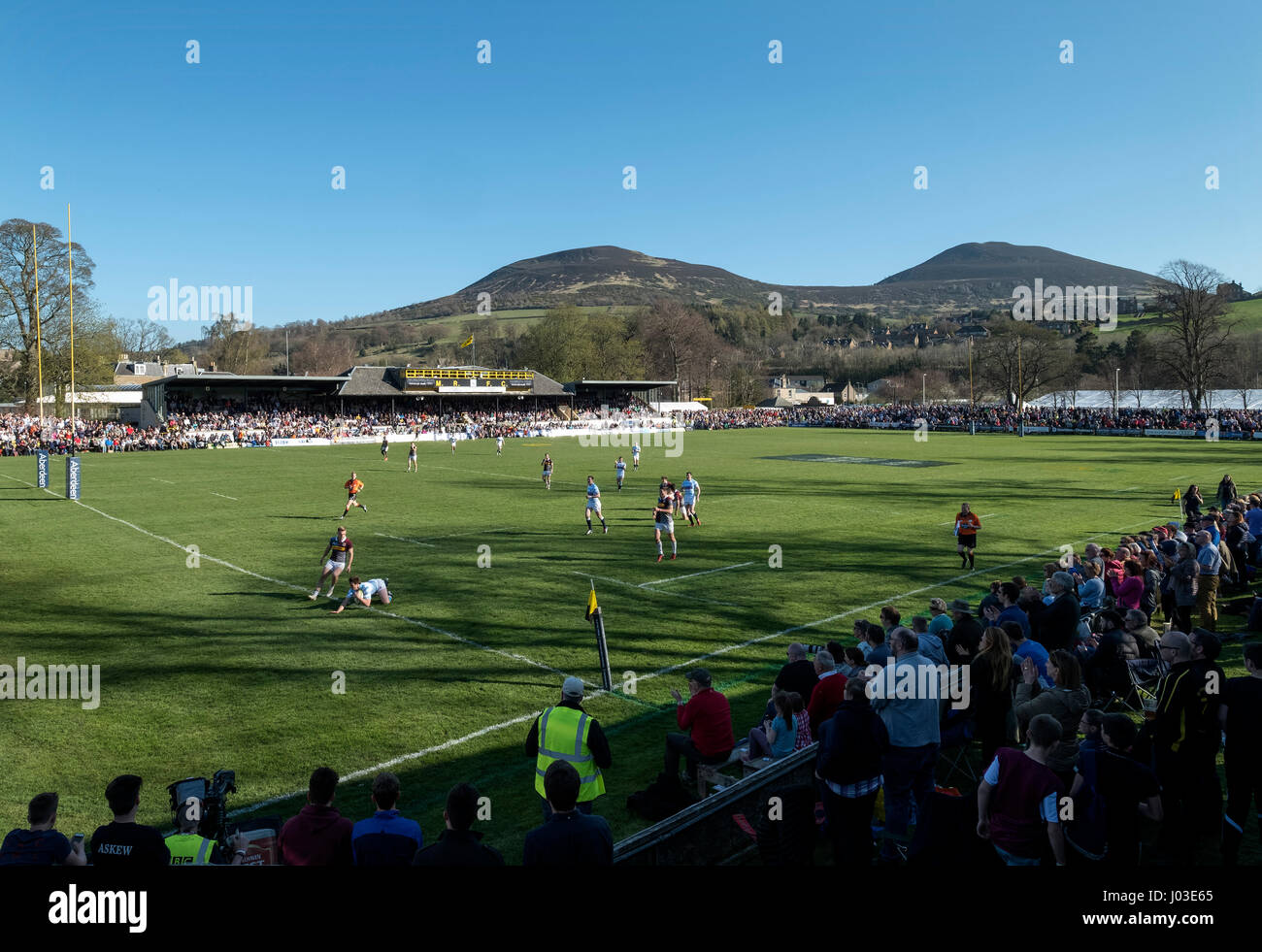 A large crowd watch the 2017 Aberdeen Asset Melrose Sevens at the Greenyards, Melrose, Scottish