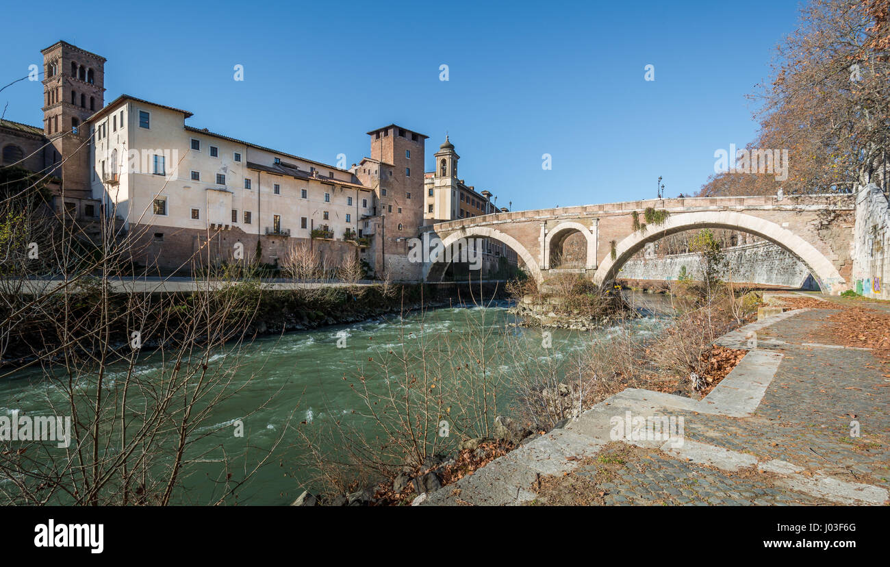 Tiber Island and Fabricio's Bridge as seen from the riverside, Rome Stock Photo