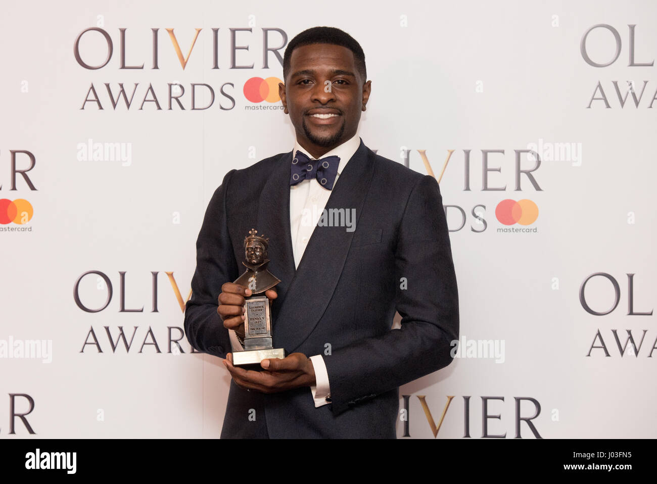 Adam J Bernard With The Award For Best Supporting Actor In A Musical At The Olivier Awards 17 Held At The Royal Albert Hall In London Stock Photo Alamy