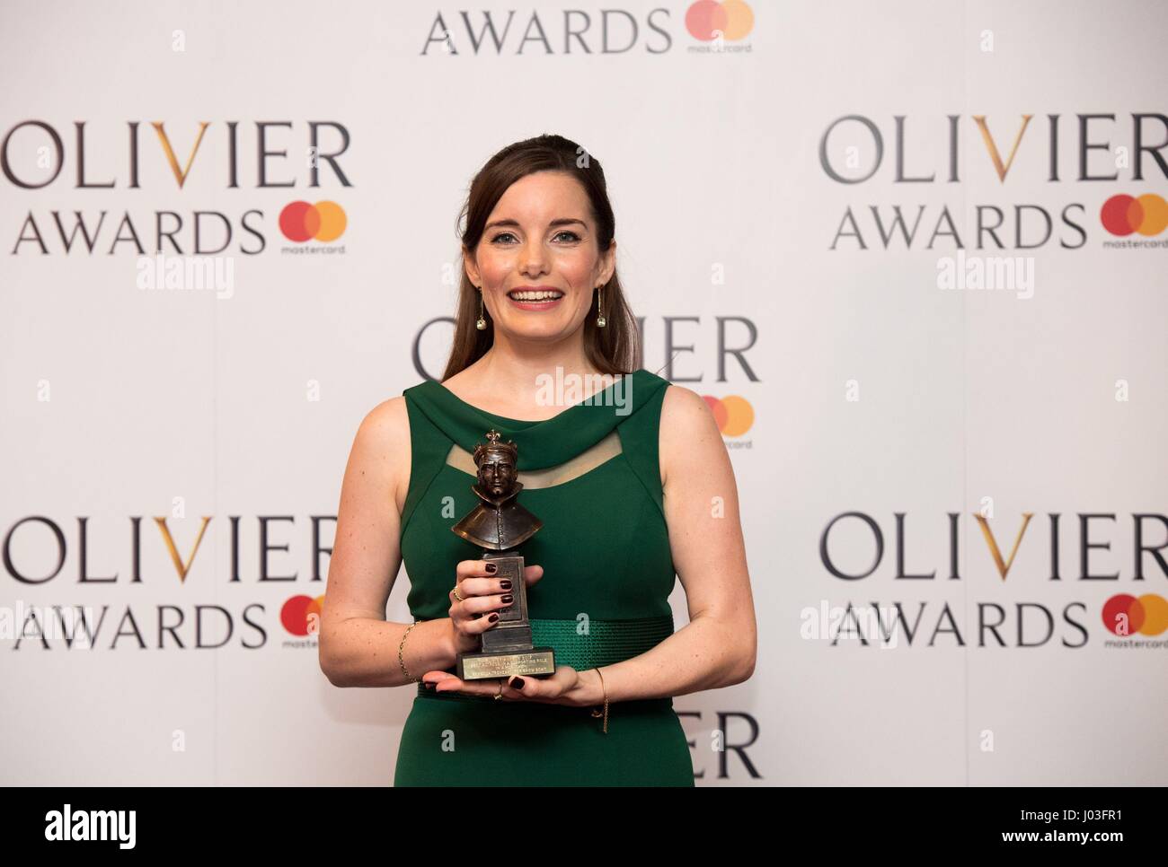 Rebecca Trehearn with the award for best supporting actress in a musical at the Olivier Awards 2017, held at the Royal Albert Hall in London. Stock Photo