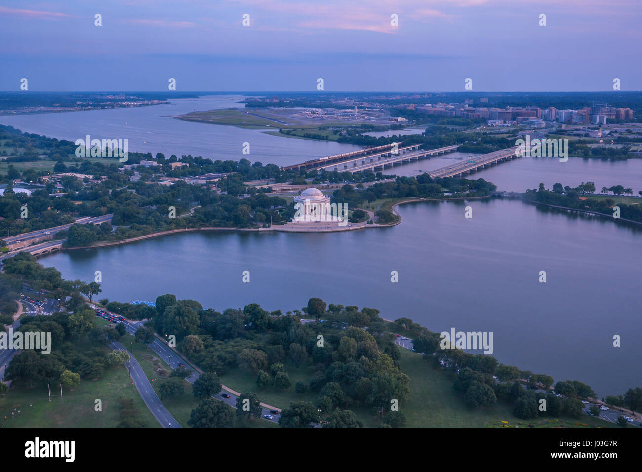 Panoramic sunset view of the Jefferson Monument taken from the Washington Memorial, Washington D.C. Stock Photo