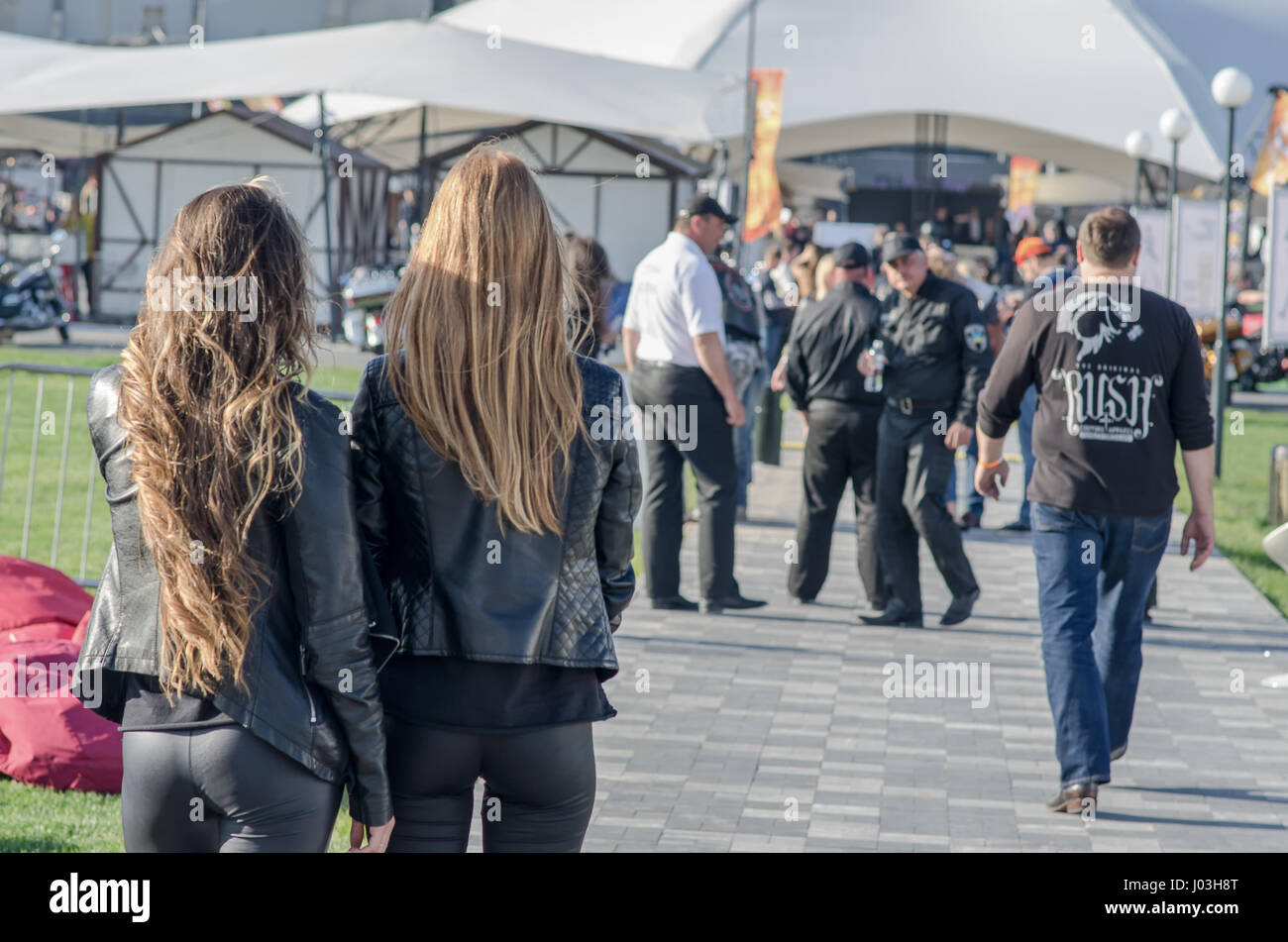 two girls at the biker festival, summer day Stock Photo