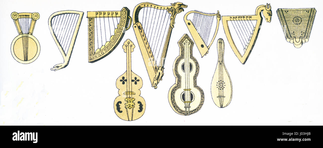 The artifacts pictured here date from 1000 to 1100 A.D. They are from left to right, top to bottom: two musical instruments from 1000 A.D. and eight musical instruments from 1100 A.D. The illustration dates to 1882. Stock Photo