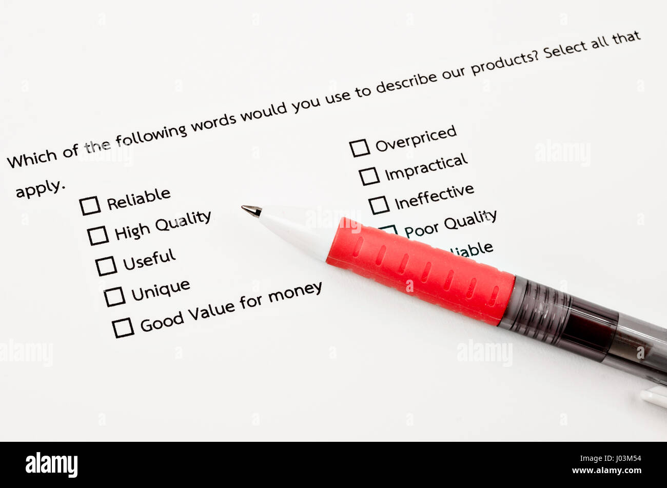 Which of the following words would you use to describe our product survey with pen. Stock Photo