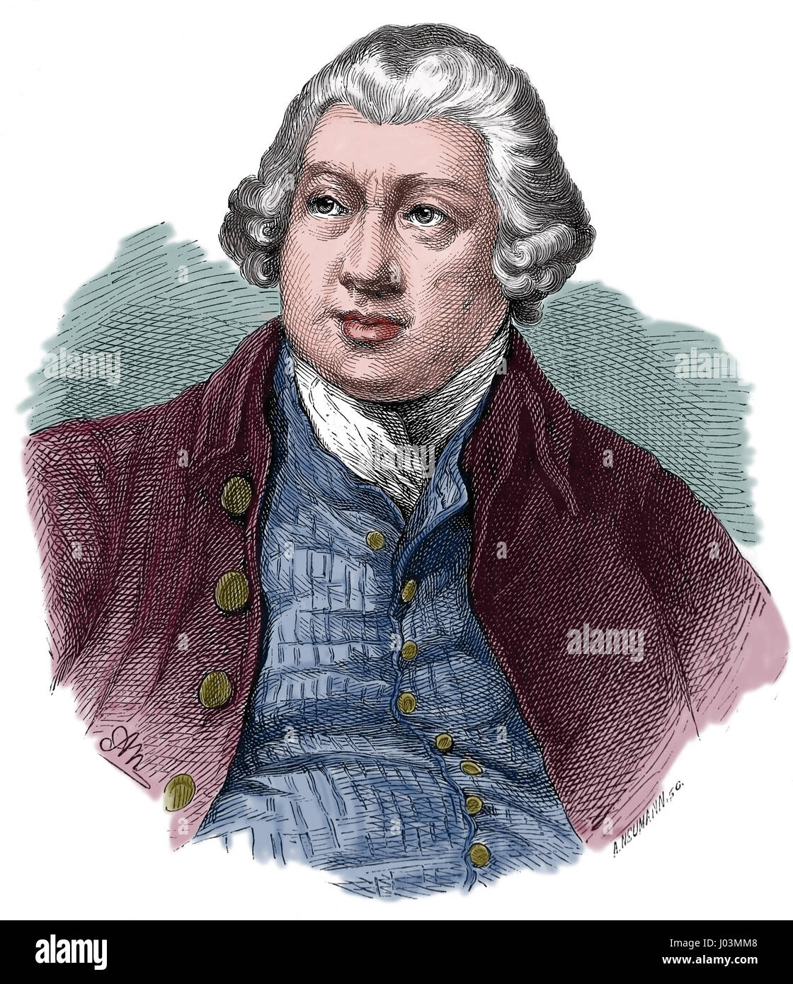 Richard Arkwright (1732-1792). Inventing the spinning frame. Engraving. Nuestro Siglo, 1883. Spanish edition. Color. Stock Photo