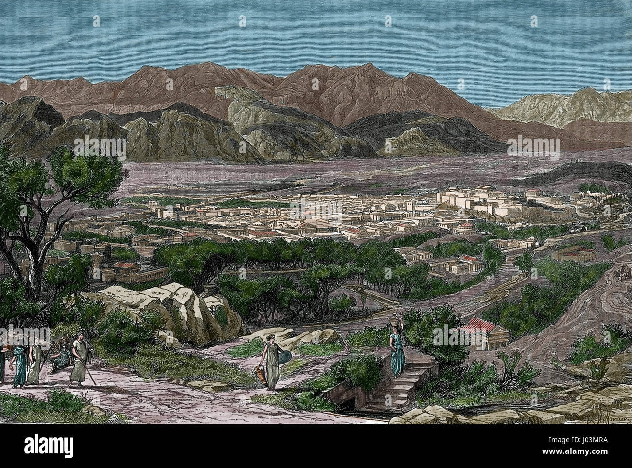Imaginary reconstruction of ancient Spartan city-state. Engraving, 19th century. Greece nad Rome, Jakob Falke, 1879 Color. Stock Photo