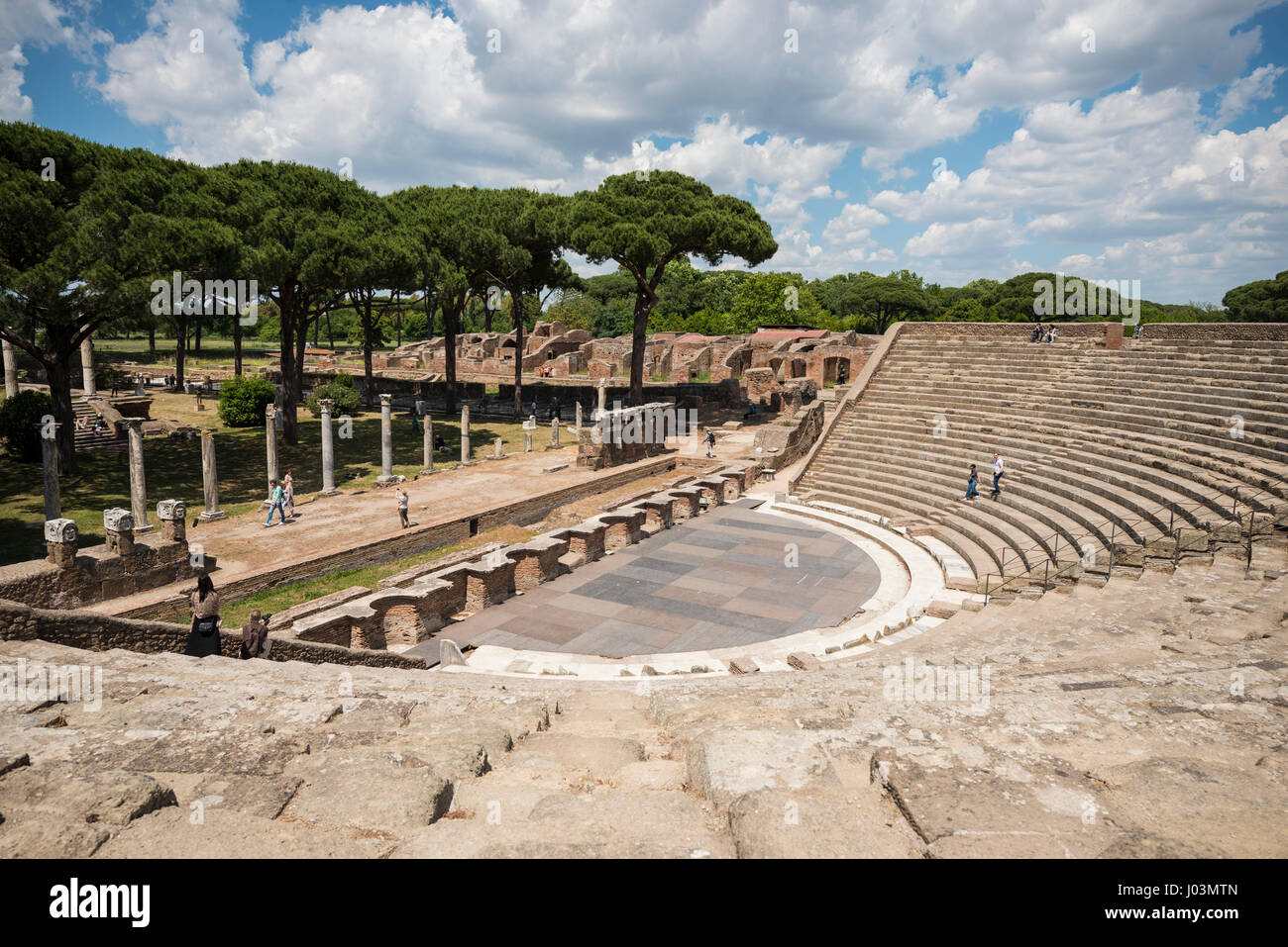 Rome. Italy. Ostia Antica. Roman Amphitheatre, dating from the Augustan era (1st century BC). Teatro Romano fu edificato in età augustea. Stock Photo