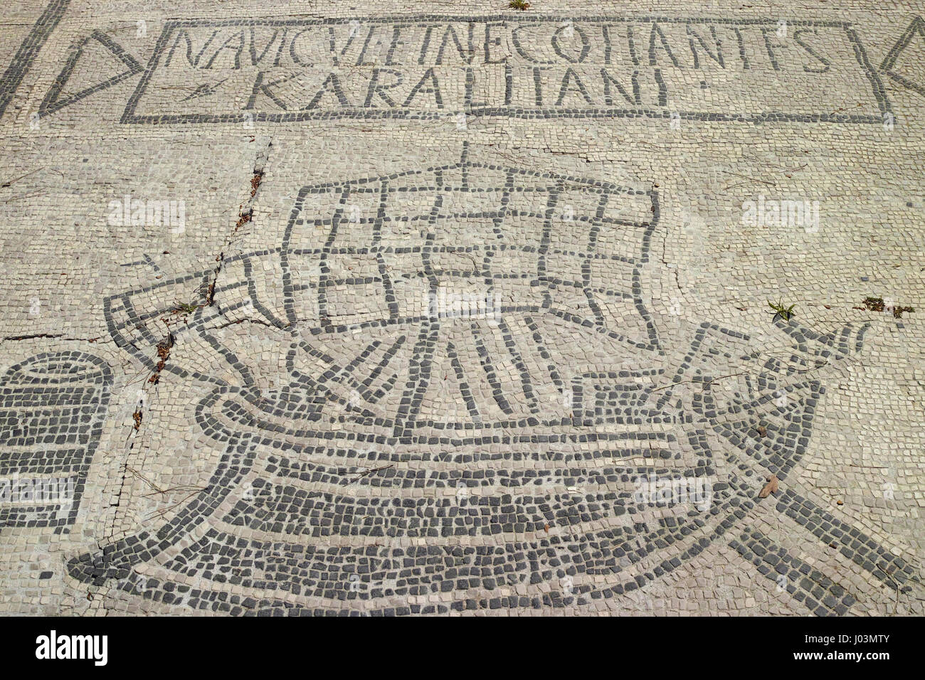 Rome. Italy. Ostia Antica. Mosaic of Roman merchant grain ship from Cagliari, Sardinia, 1st/ 2nd century AD, on Piazzale delle Corporazioni Stock Photo