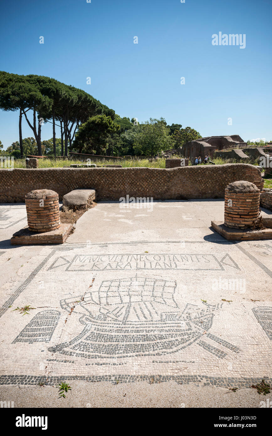 Rome. Italy. Ostia Antica. Mosaic of Roman merchant grain ship from Cagliari, Sardinia, 1st/ 2nd century AD, on Piazzale delle Corporazioni Stock Photo