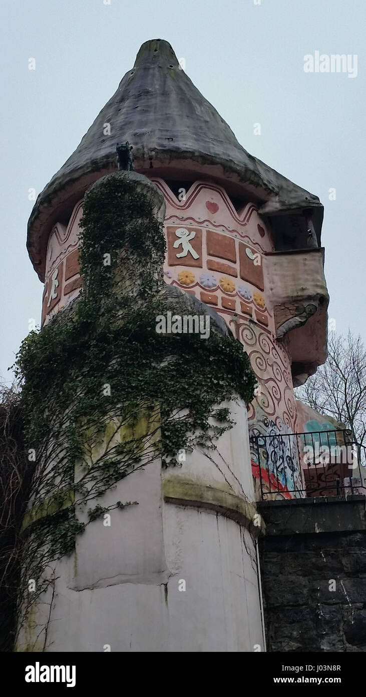 HAMBURG, USA: EERIE images and video footage have revealed the abandoned remains of a creepy ‘gingerbread’ castle that wouldn’t look out of place in a fairytale by the Brothers Grimm. The stunning drone footage shows the exterior of the colourfully painted tower while inside multi-coloured steps lead up to the top past painted figures of storybook characters. Other old amusement park buildings lie in ruins beside the Gingerbread Castle while a sad Humpty Dumpty figure sits watching from a nearby wall. The spooky video and pictures were taken at the Gingerbread Castle in Hamburg, New Jersey by  Stock Photo