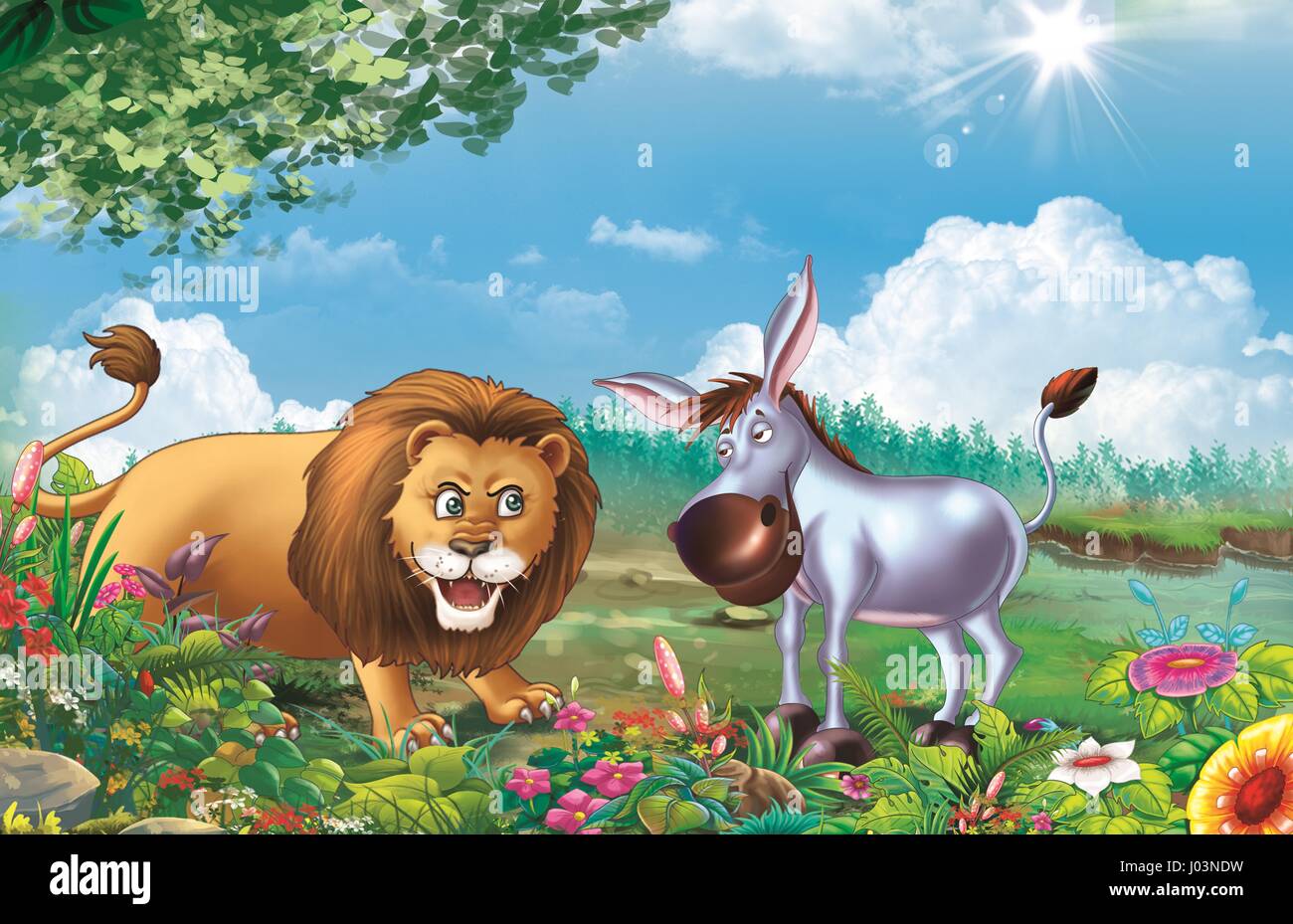 lion and donkey Stock Photo