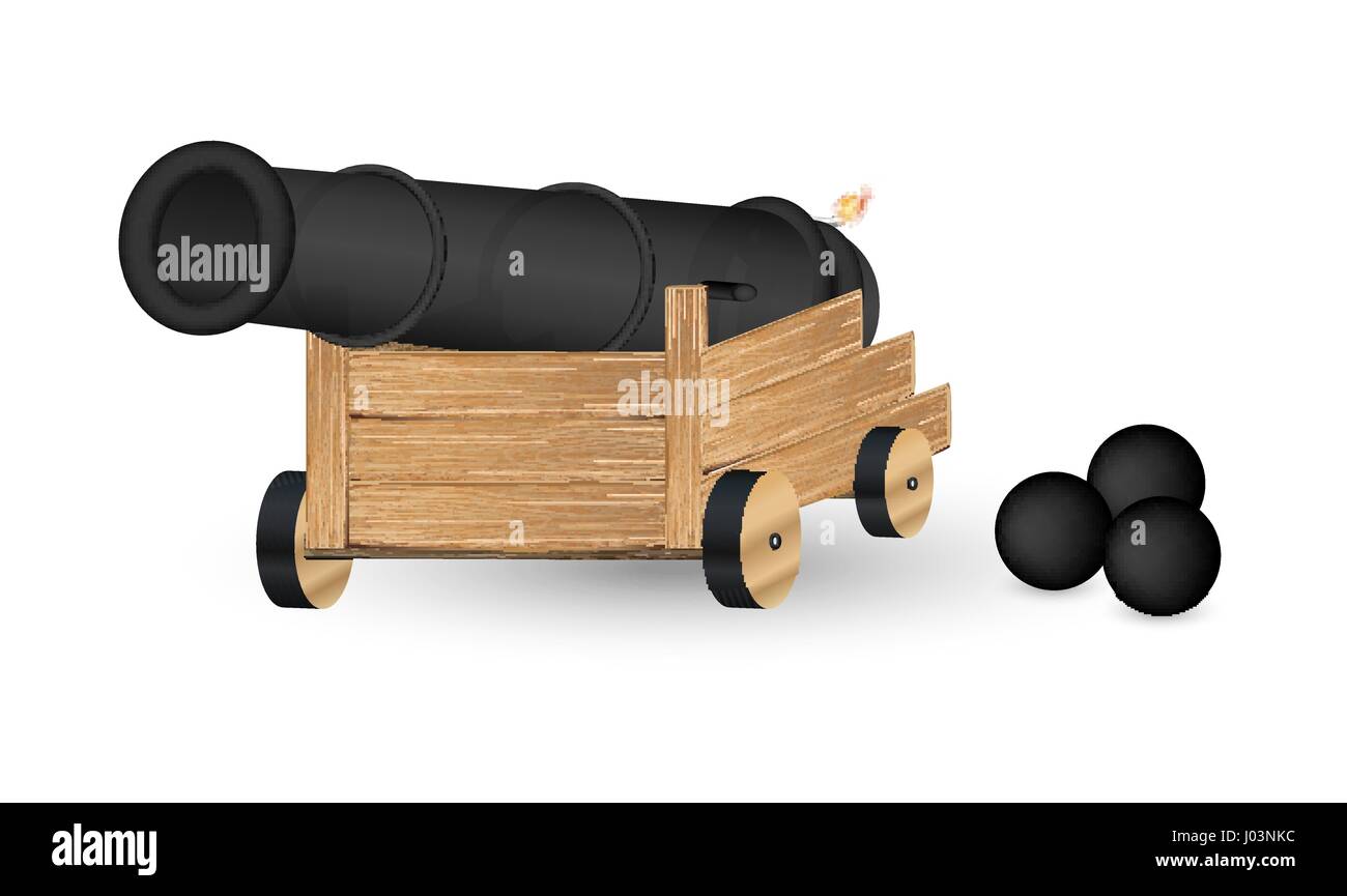 cannon with a cannonball on a white background Stock Vector
