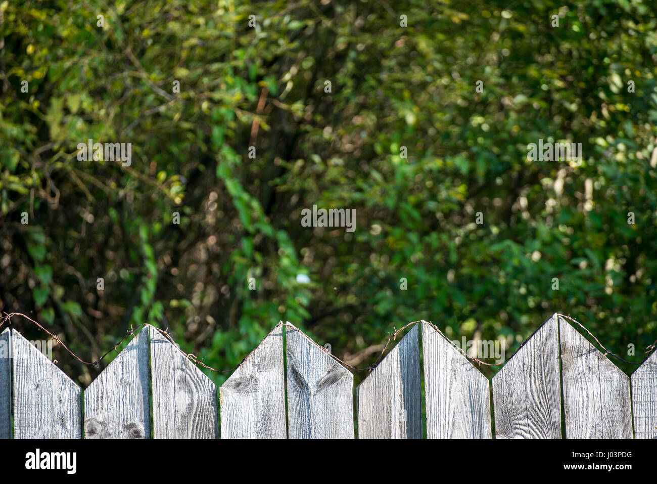 old wooden fence with barbed wire on top Stock Photo - Alamy