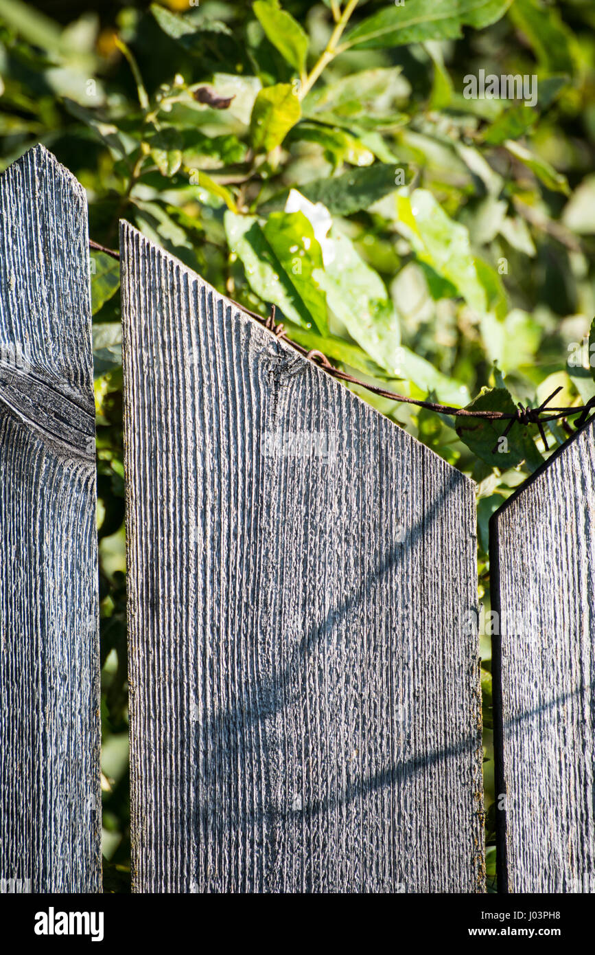 old wooden fence with barbed wire on top Stock Photo - Alamy