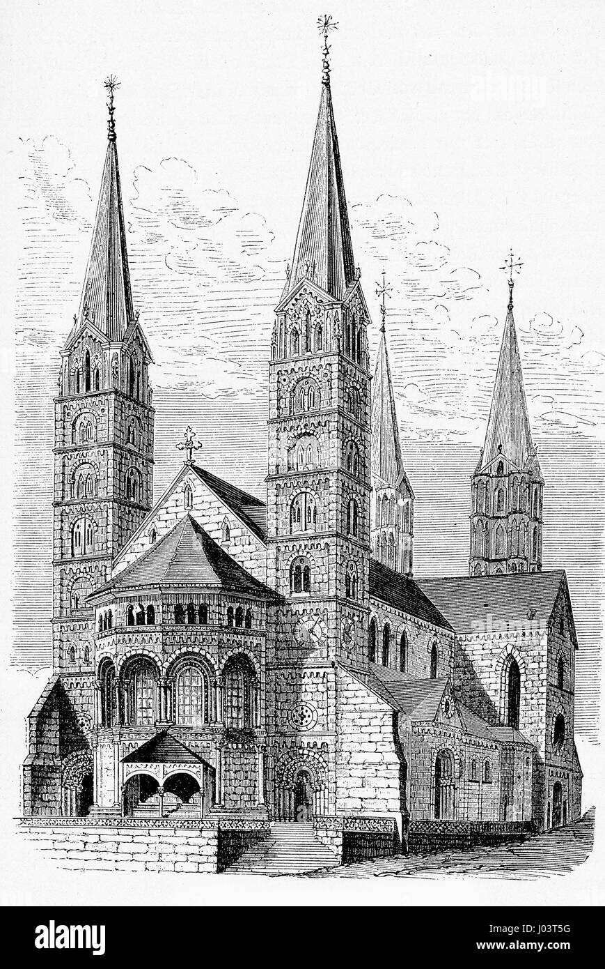Antique engraving of Bamberger Dom St. Peter und St. Georg, Bamberg - Germany cathedral built in XIII century in Romanesque and Gothic style Stock Photo