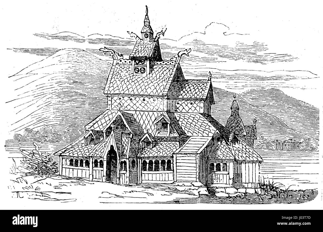 vintage engraving of the medieval wooden Christian church of Borgund in Norway also named Borgund stave church, completed in XII century on a basilica shape with steeply pitched roofs covered by shingles Stock Photo