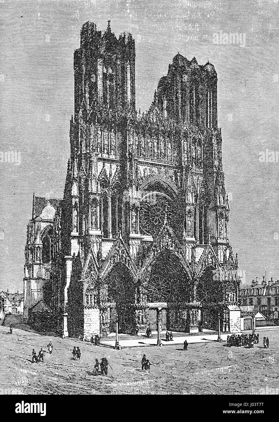 vintage engraving of Notre-Dame de Reims cathedral in Reims, France, where the kins of France were crowned. Built in  Carolingian times and completed in XII century in French Gothic style with two high towers and the portals decorated with statues and statuettes surmounted by a rose window Stock Photo