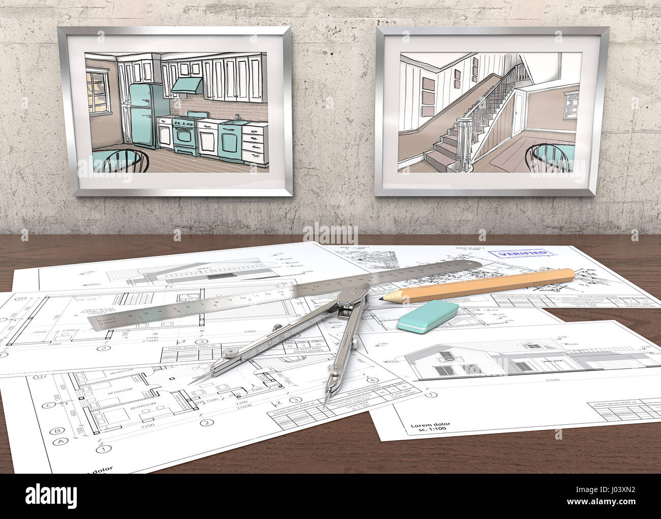 2 Metal Picture Frames on concrete Wall with house sketches. Generic Architectural blueprints on table. Ruler, Pencil and Divider of metal. 3D render. Stock Photo