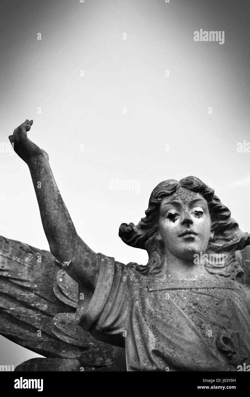 Monochrome of a weeping angel statue at Southampton Common cemetery, UK Stock Photo