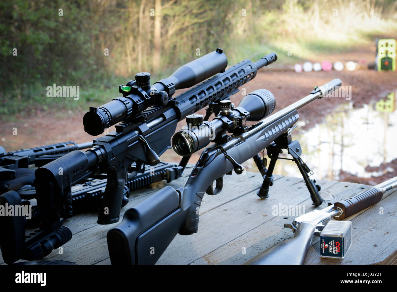 Collection of rifles at Leeds outdoor range near Carlisle, SC. Stock Photo