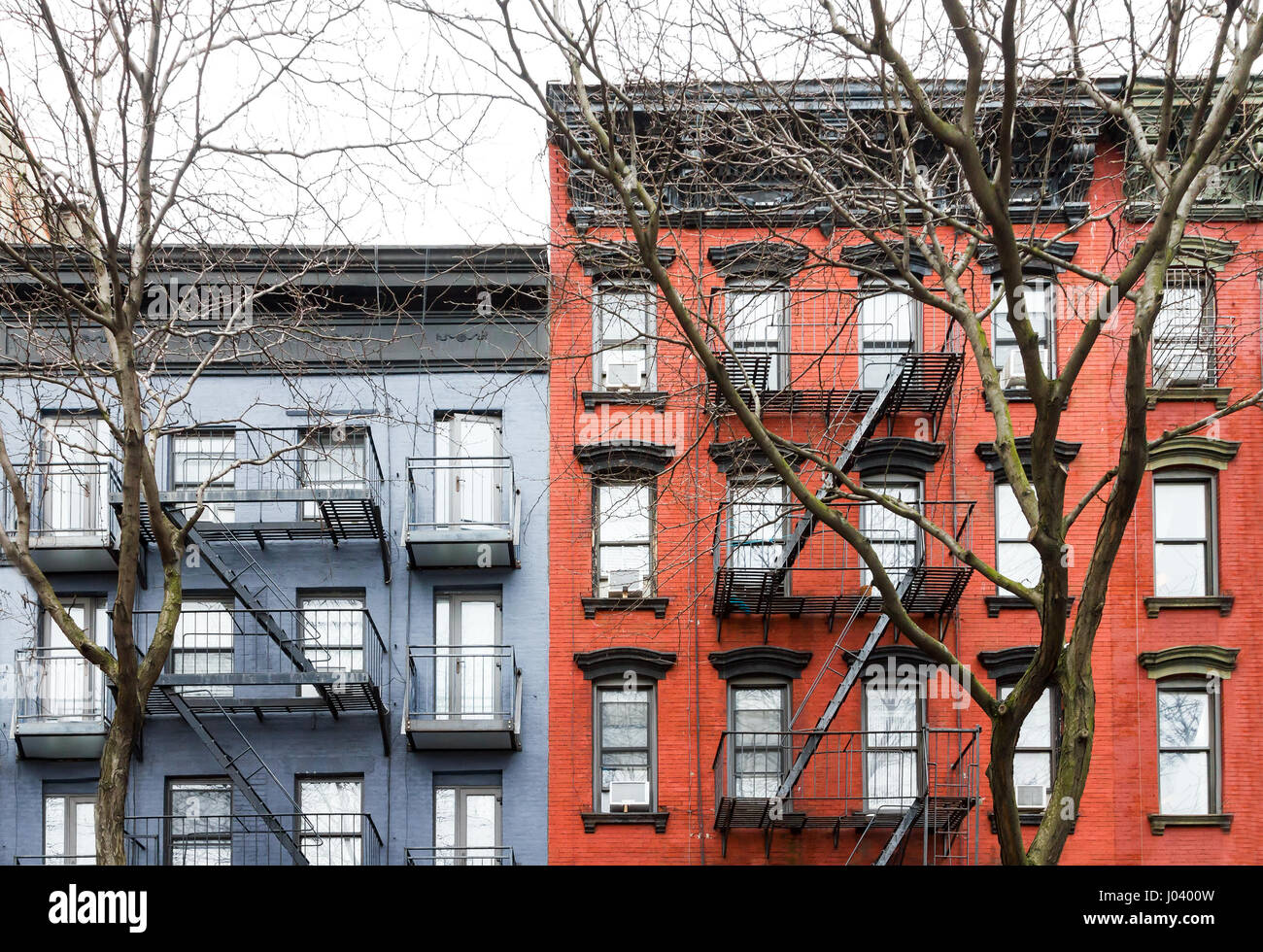 Blue and Red vintage style apartment buildings in the East Village ... - Vintage Apartment Buildings