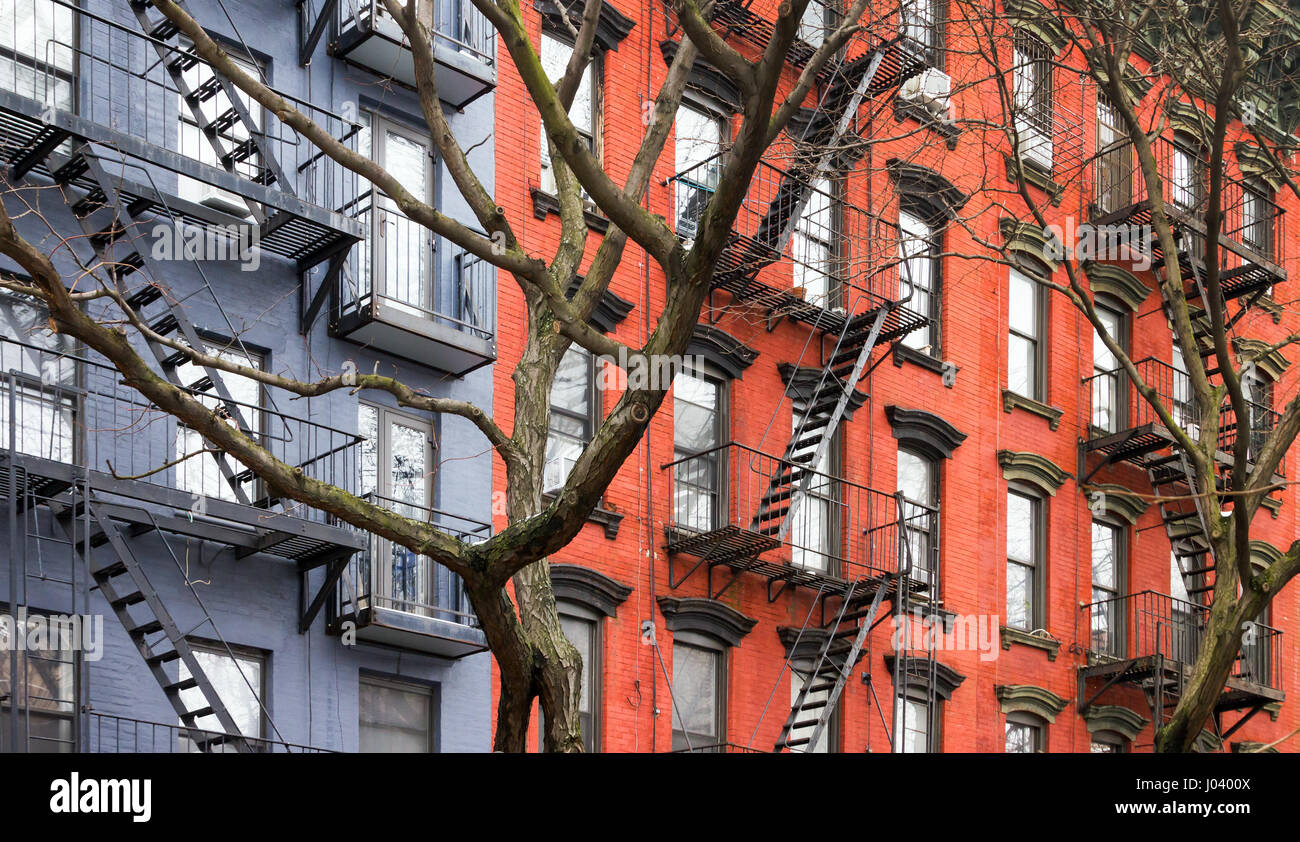 Blue and Red old vintage brick apartment buildings in the East Village