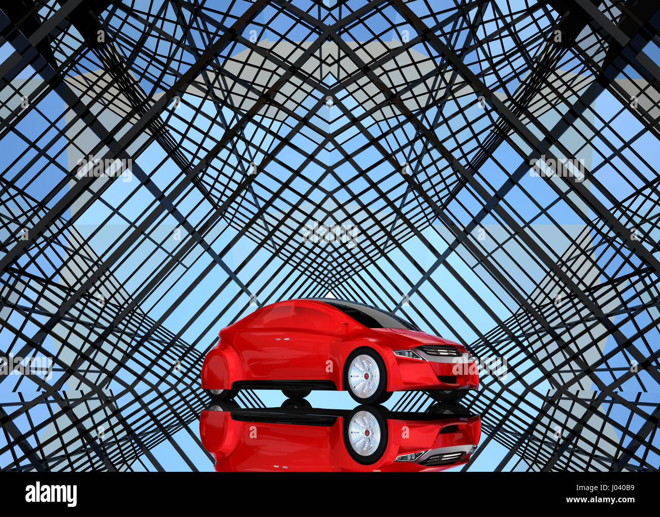 Metallic red color sedan on kaleidoscope style background. 3D rendering image. Stock Photo