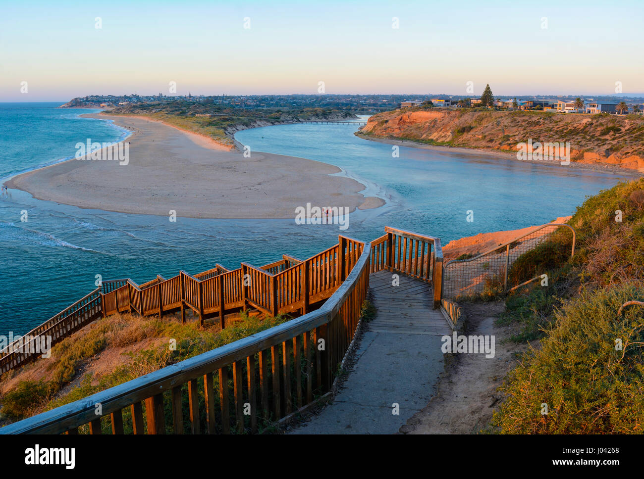 Southport Beach steps and Onkaparinga River estuary at Port Noarlunga South, in the southern suburbs of Adelaide, South Australia. Taken during the go Stock Photo