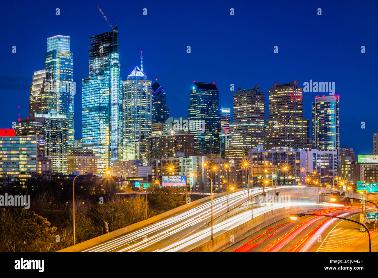 The Schuylkill Expressway and skyline at night in Philadelphia