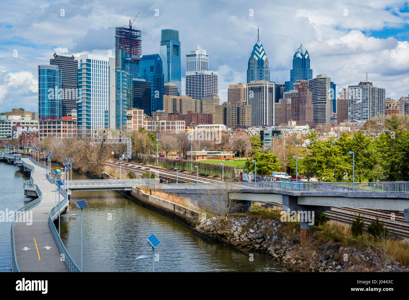 The Schuylkill River and skyline seen from the South Street Bridge, in Philadelphia, Pennsylvania. Stock Photo