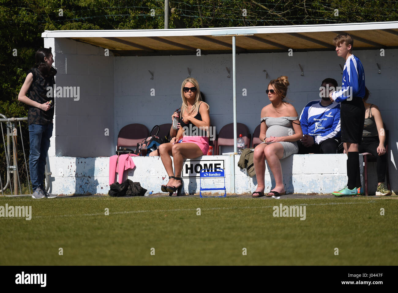 Celebrity football team dugout during a charity match at Bowers and Pitsea football ground, Essex raising money for St Lukes Hospice Stock Photo