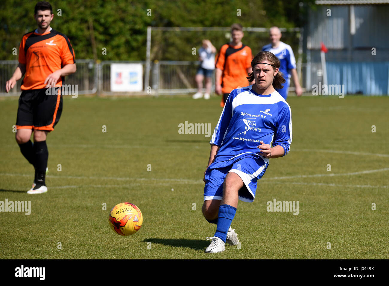 Harry Berry playing for a celebrity football team during a charity match at Bowers & Pitsea football ground, Essex raising money for St Luke's Hospice Stock Photo