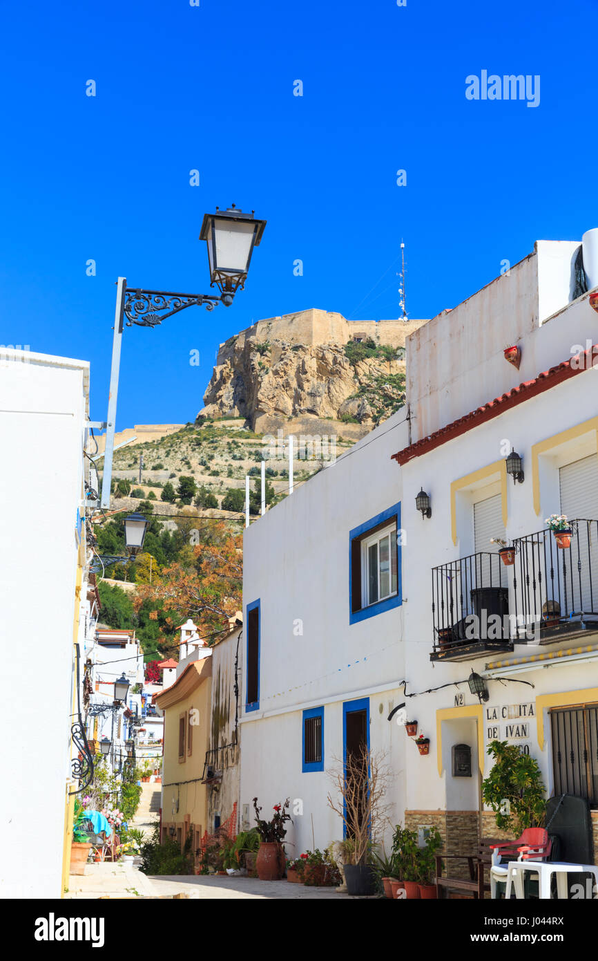 Typical Street with whitewashed Mediterranean houses, Alicante Old Town