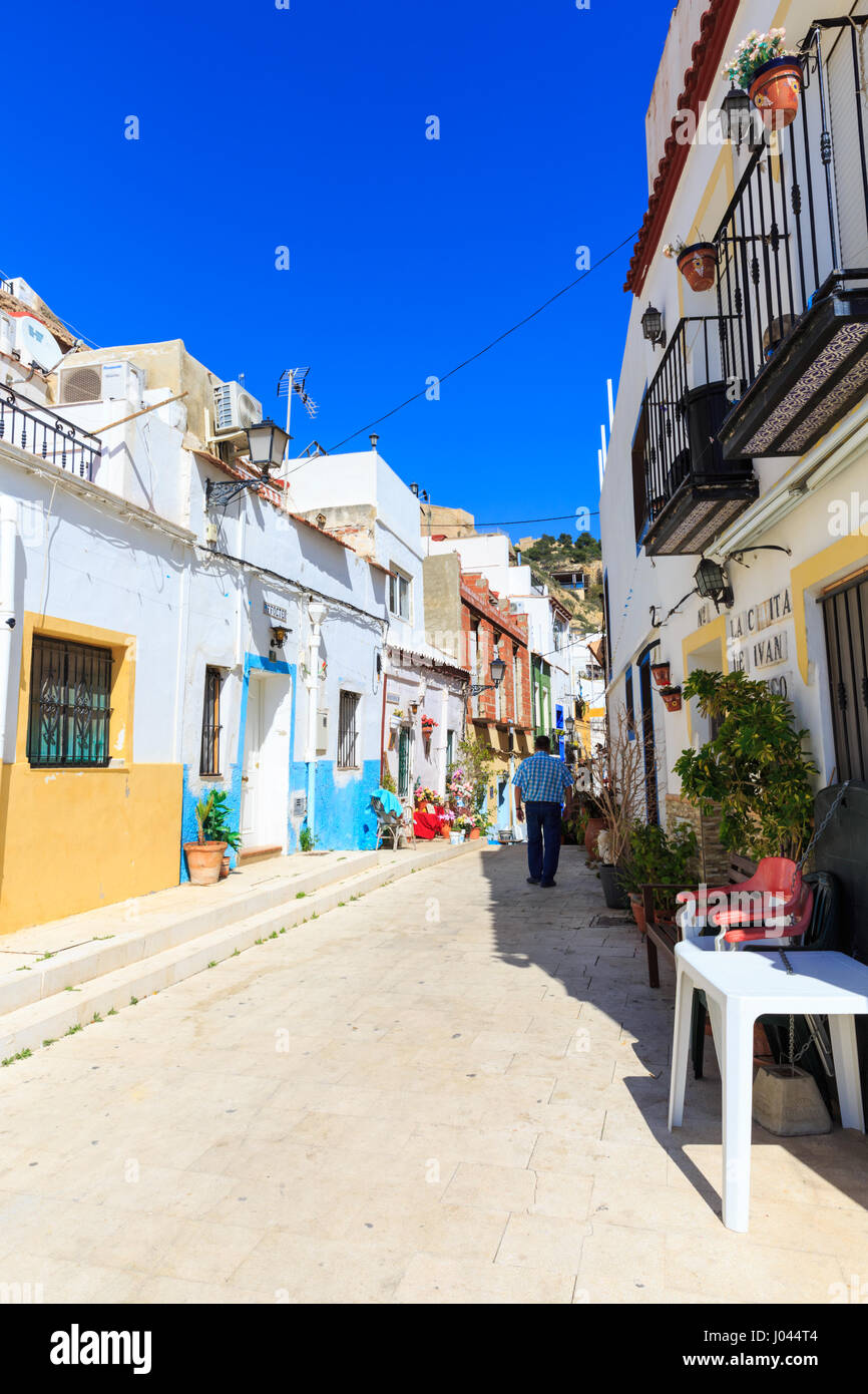 Typical Street with whitewashed Mediterranean houses, Alicante Old Town