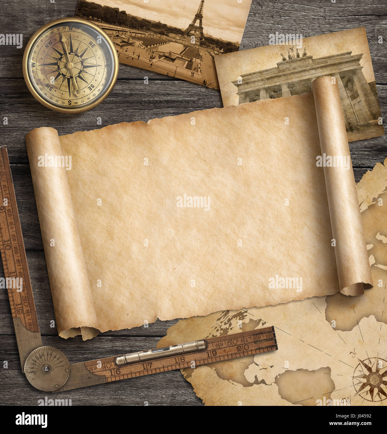 Old map background with compass. Adventure and travel concept. 3d illustration. Stock Photo