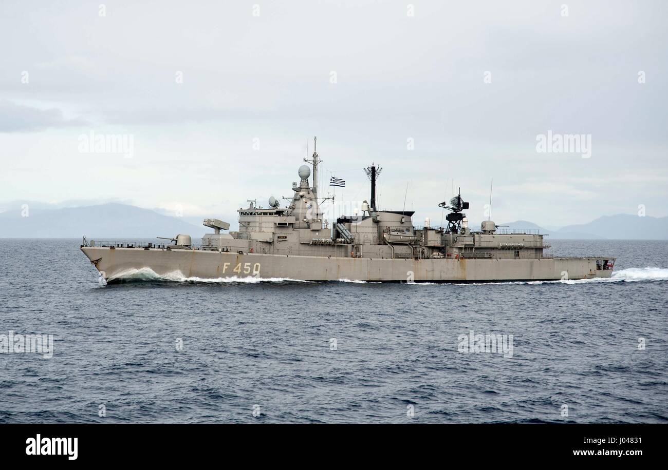 The Greek Hellenic Navy Elli-class guided-missile frigate HS Elli steams underway March 7, 2014 in the Mediterranean Sea.      (photo by MCSS Andrew Johnson /US Navy  via Planetpix) Stock Photo