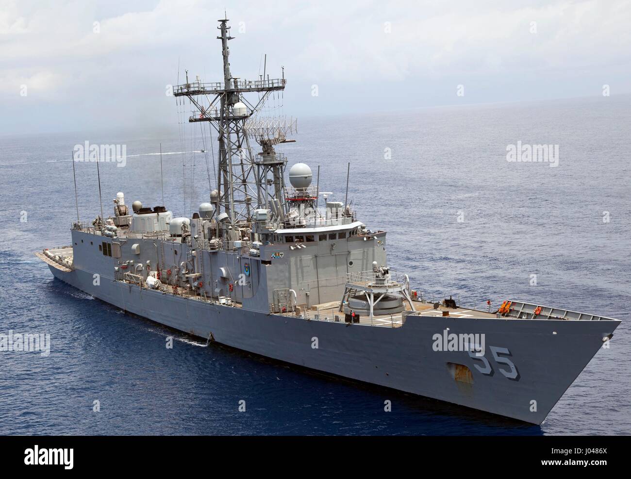 The USN Oliver Hazard Perry-class guided-missile frigate USS Elrod steams underway April 21, 2012 in the Caribbean Sea.      (photo by Andy Barrera /US Army  via Planetpix) Stock Photo