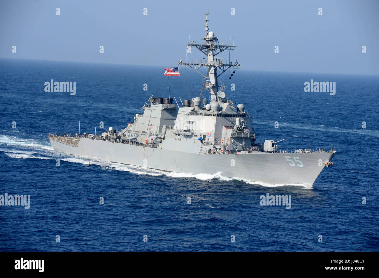 The USN Arleigh Burke-class guided-missile destroyer USS Stout steams underway January 17, 2014 in the Mediterranean Sea.      (photo by MCS2 Amanda R. Gray/US Navy  via Planetpix) Stock Photo