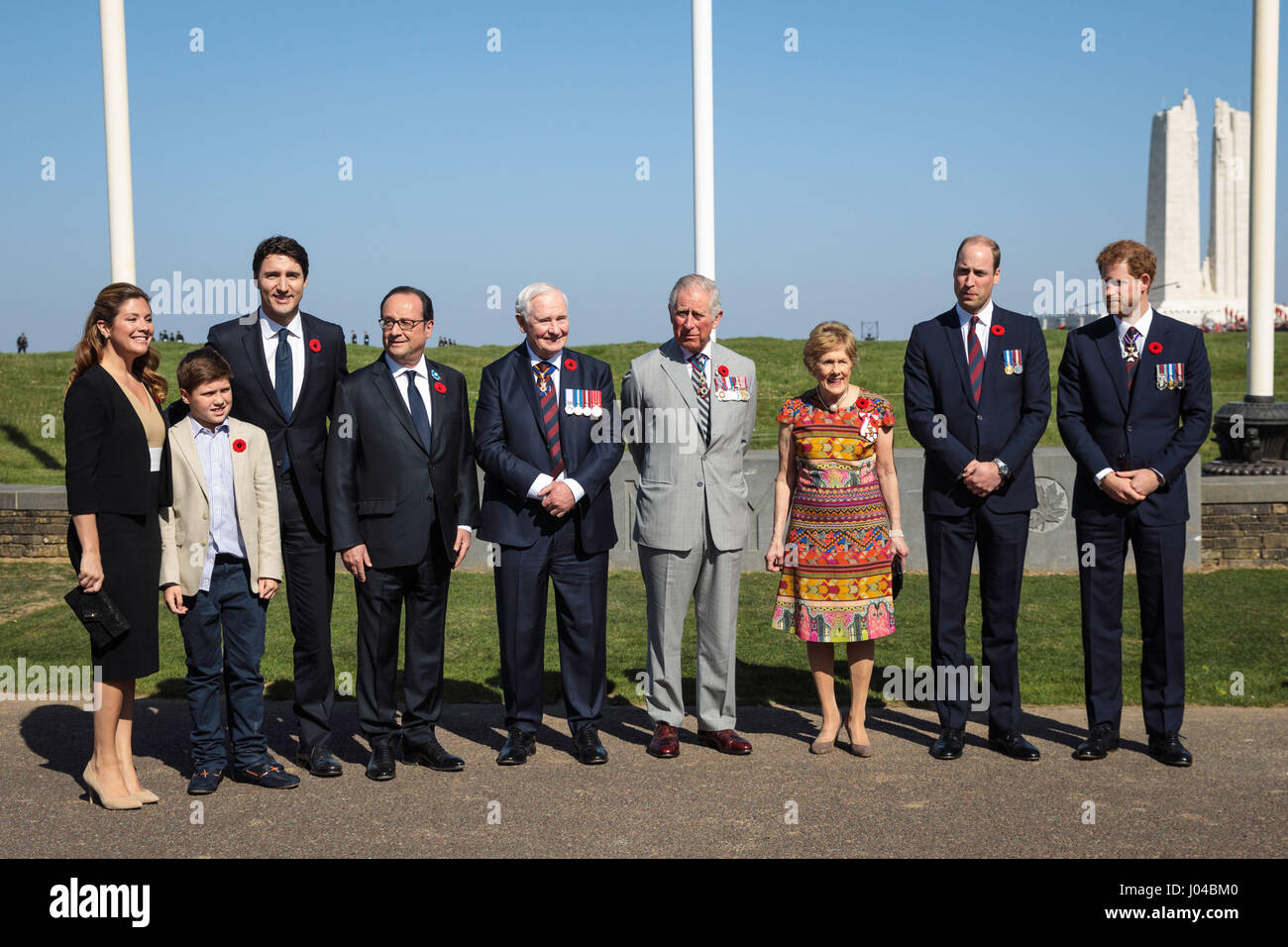 (left to right) Sophie Trudeau, her son Xavier James Trudeau, Canadian Prime Minister Justin Trudeau, French President Francois Hollande, Governor General of Canada David Johnston, The Prince of Wales, Sharon Johnston, The Duke of Cambridge and Prince Harry arrive at the Canadian National Vimy Memorial in France, for the 100th anniversary of the Battle of Vimy Ridge. Stock Photo