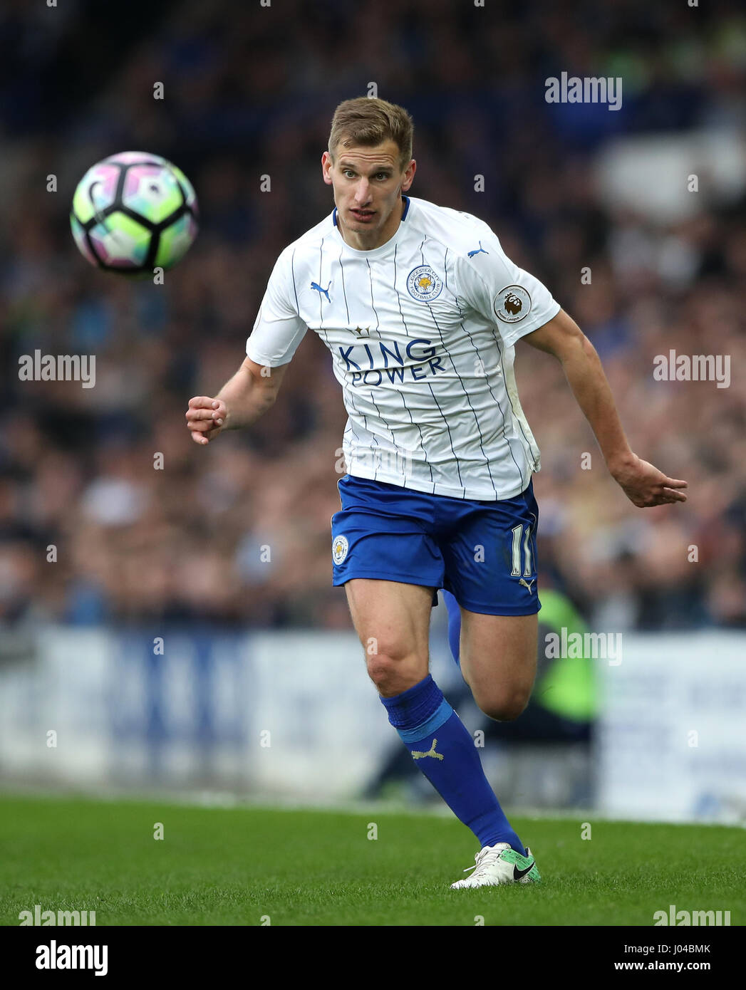 Leicester City's Marc Albrighton during the Premier League match at Goodison Park, Liverpool. PRESS ASSOCIATION Photo. Picture date: Sunday April 9, 2017. See PA story SOCCER Everton. Photo credit should read: Nick Potts/PA Wire. RESTRICTIONS: No use with unauthorised audio, video, data, fixture lists, club/league logos or 'live' services. Online in-match use limited to 75 images, no video emulation. No use in betting, games or single club/league/player publications. Stock Photo