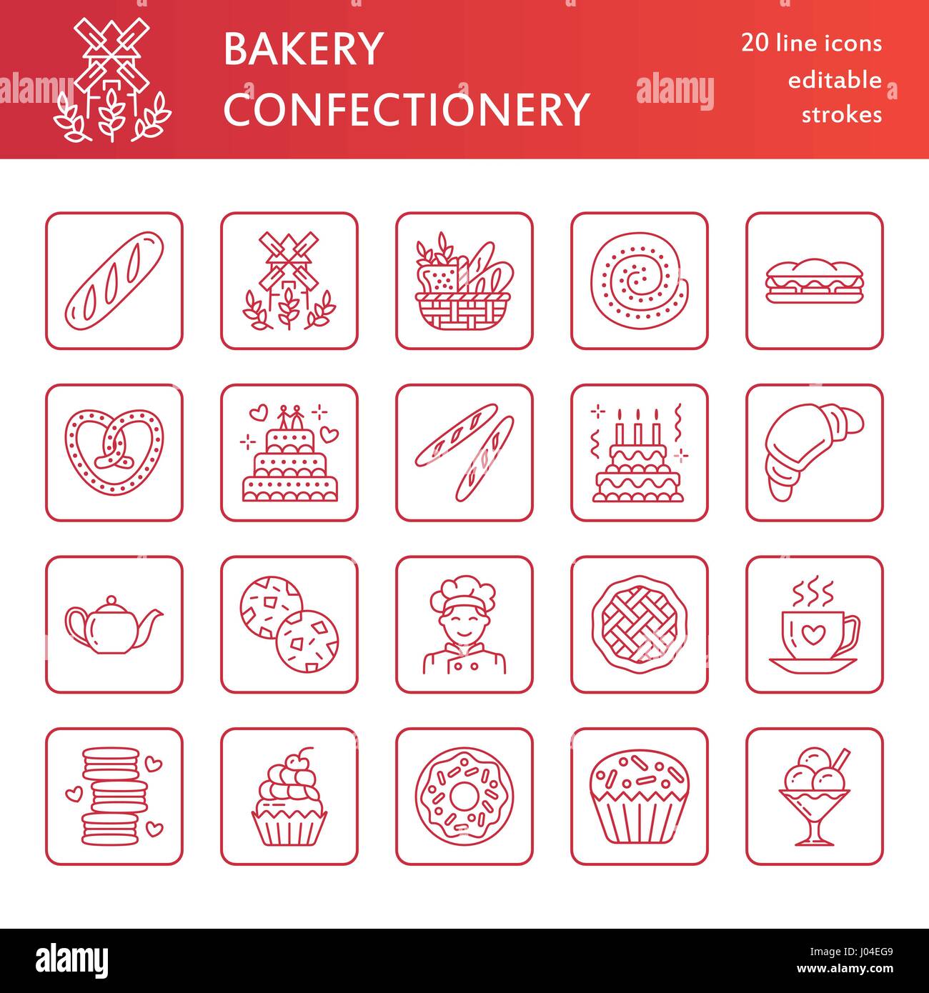 Bakery, confectionery line icons. Sweet shop products - cake, croissant, muffin, pastry, cupcake, pie Food thin linear signs Stock Vector