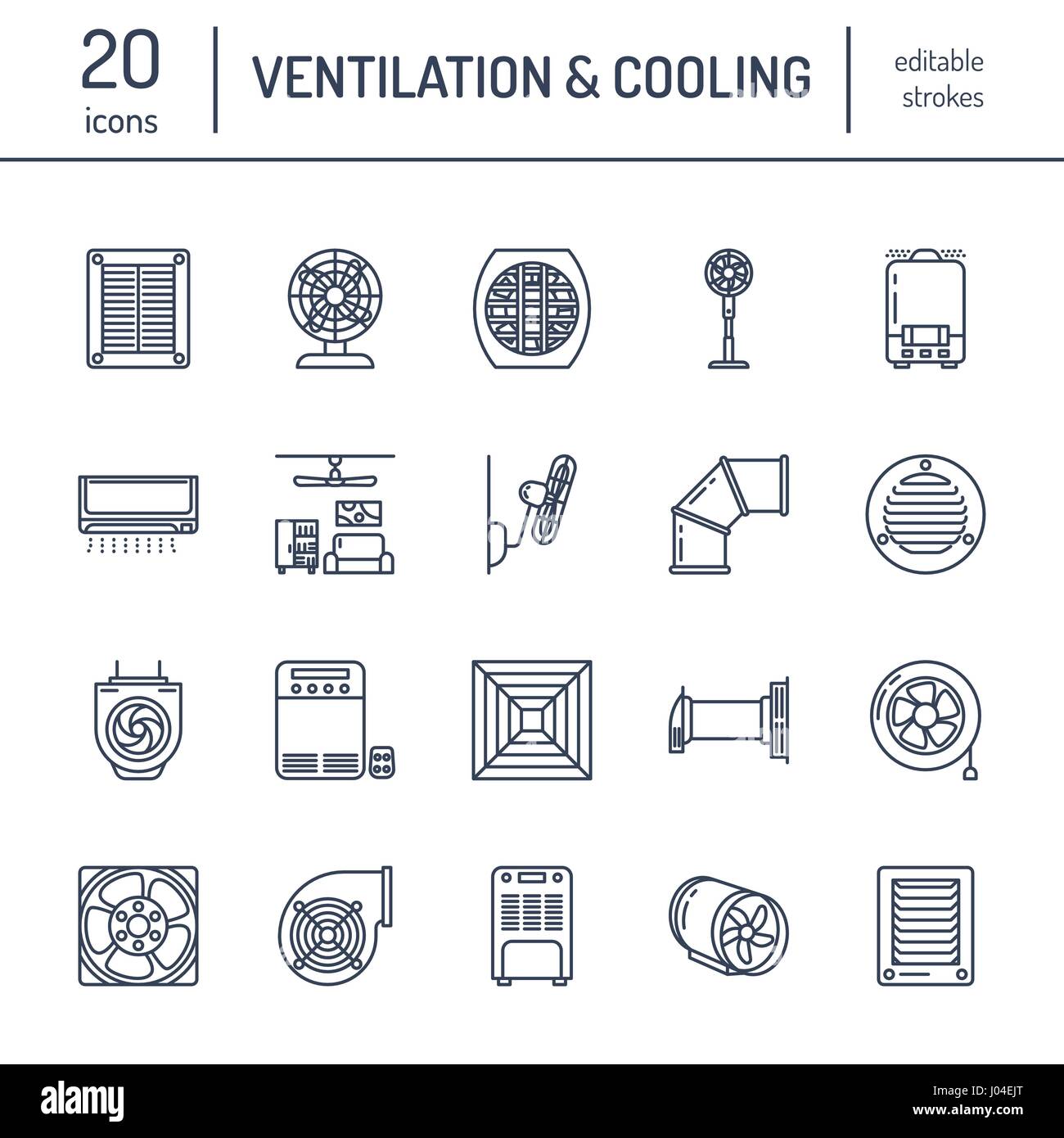 Ventilation equipment line icons. Air conditioning, cooling appliances, exhaust fan. Household and industrial ventilator thin linear signs for store Stock Vector