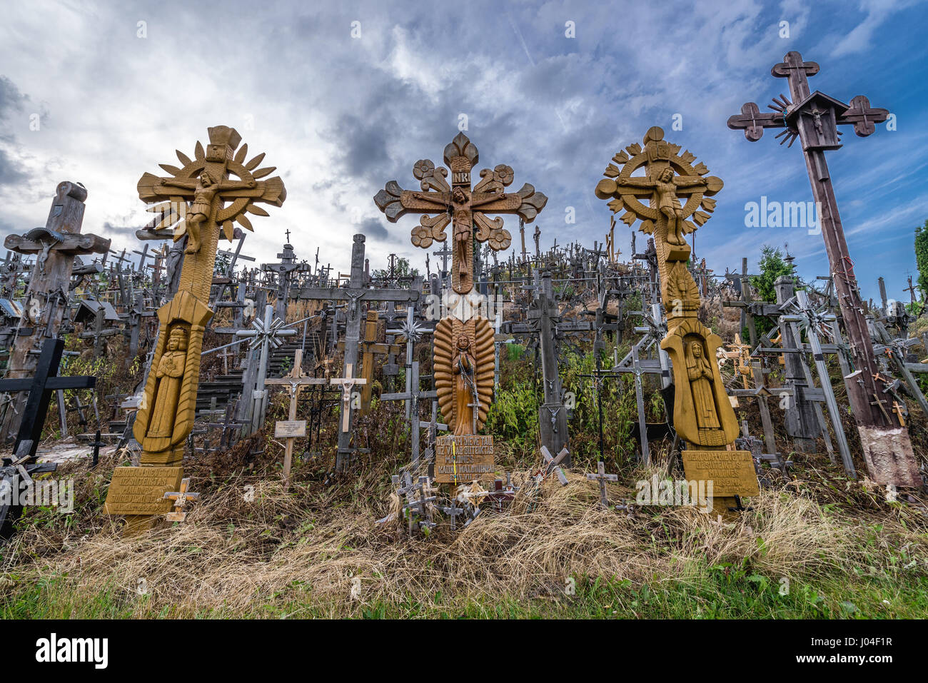 Large crosses on Hill of Crosses in Lithuania Stock Photo