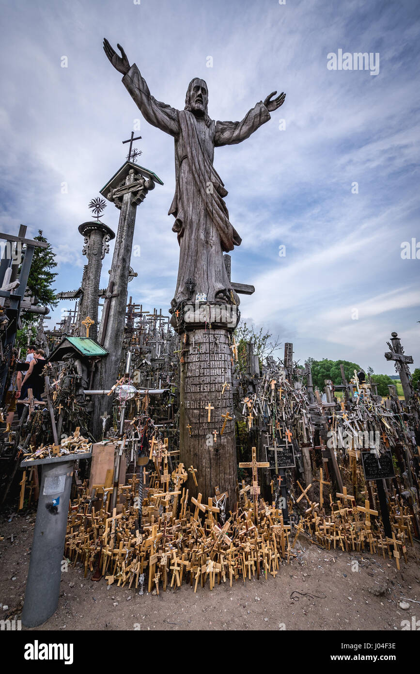 Wooden statue of Jesus Christ on Hill of Crosses in Lithuania Stock Photo