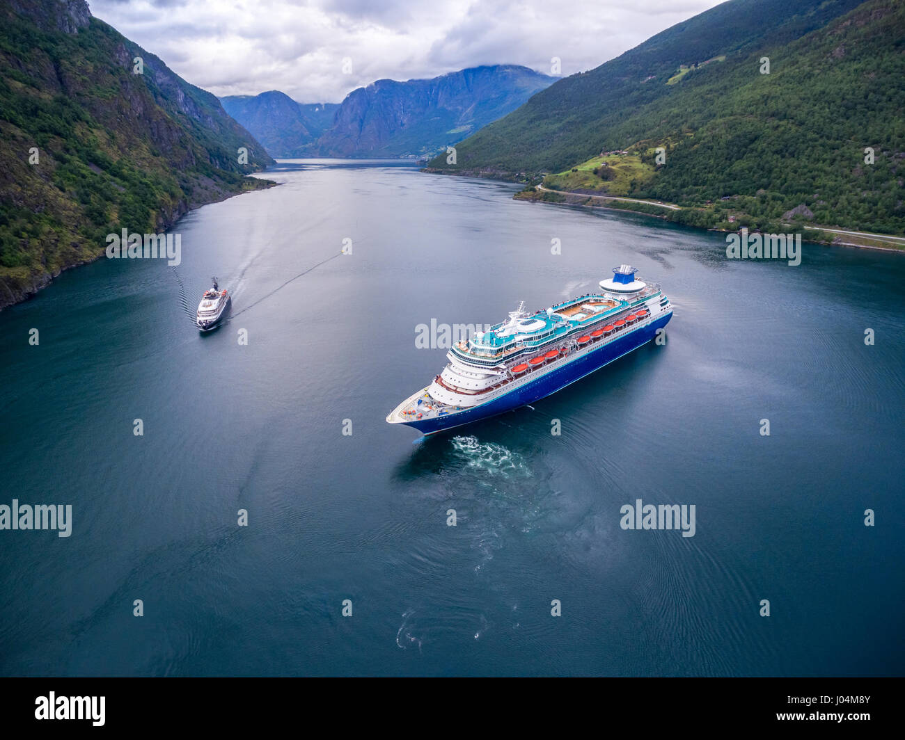 Cruise Ship, Cruise Liners On Sognefjord or Sognefjorden, Aerial photography Flam Norway Stock Photo