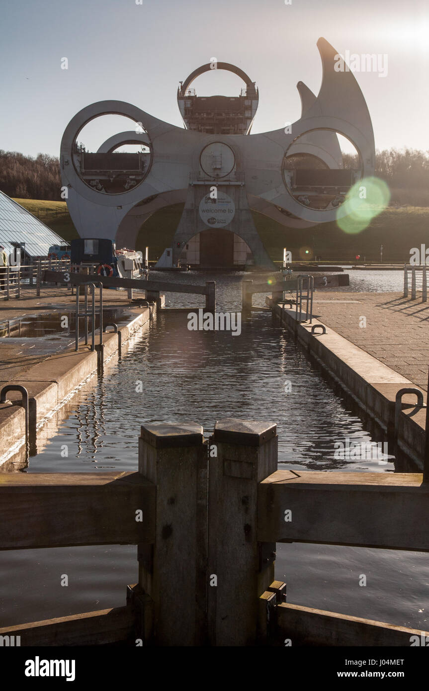Falkirk, Scotland, UK -January 22, 2012: Sun shines through the concrte and steel of the unique, modern rotating Falkirk Wheel boat lift which connect Stock Photo